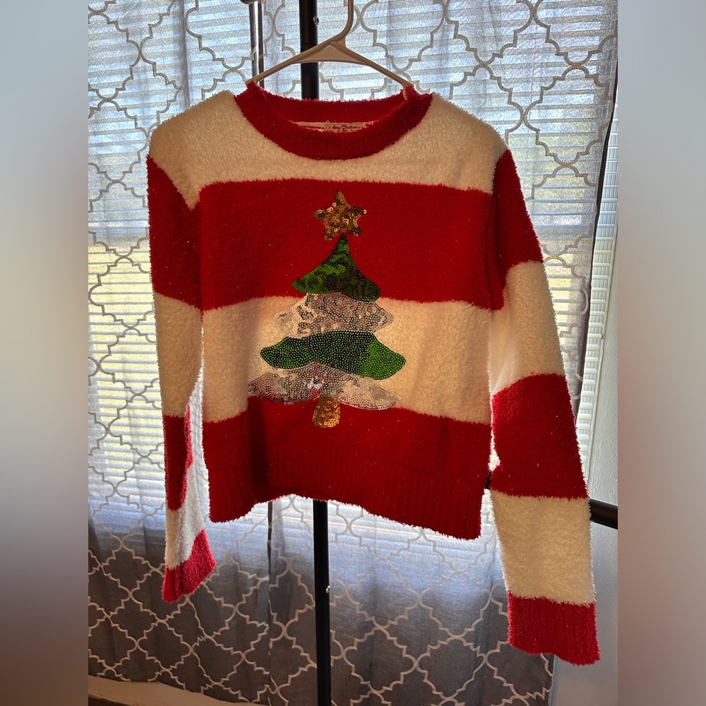 Christmas sweater, red & white striped with sequin Christmas tree.